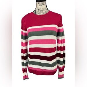 LOFT Pink Cotton Blend Multicolor Striped Crew Neck Sweater Size M